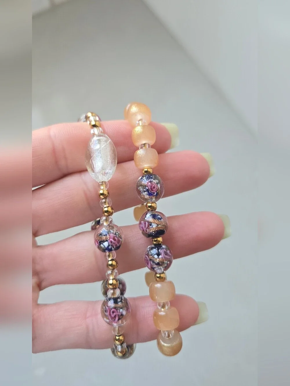Handmade Vintage Glass Floral And Gold Beaded Stretch Bracelet Set